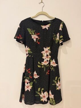 Lulu's Black Floral Mini Dress with Pink Flowers and Green Leaves